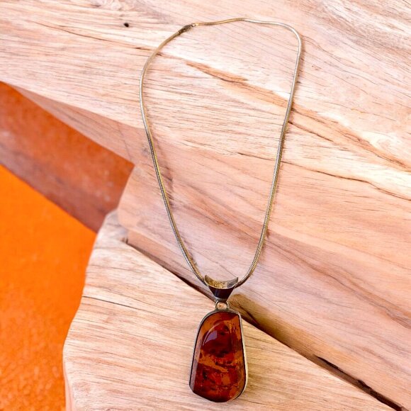 Sterling Silver Italy Vintage Snake Chain Necklace Amber Large Pendant - Picture 4 of 10